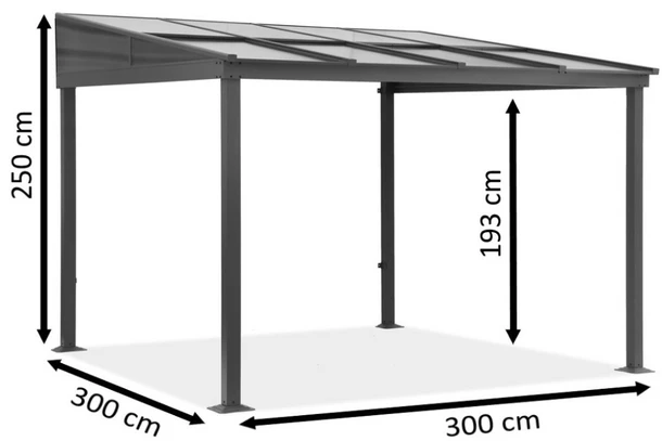 Wymiary produktu Alumínium terasz előtető 3 x 3 m Tarragona Garden Point függönyökkel bézs színben - 300x300x250