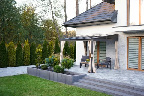 Alumínium terasz előtető 3 x 3 m Tarragona Garden Point függönyökkel bézs színben